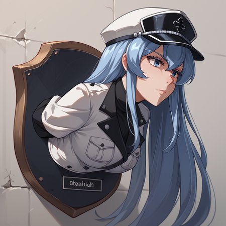 score_9,score_8_up,score_7_up,score_6_up,score_5_up,score_4_up,source_anime,
1girl,Torofii,plaque,<lora:Hunting trophy_ponyxl_V2:lbw=A>,nude,
<lora:esdeath:0.8>,esdeath,bluehair,SideView,upper part,name board,