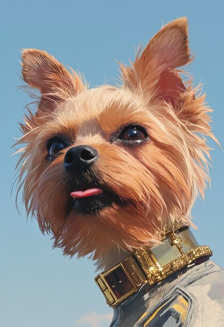 A hyper-detailed, avant-garde photograph featuring a striking Yorkshire Terrier named Allab with pale light brown fur, set against a serene, clear blue sky. The close-up shot accentuates the impeccable texture of its coat, enhanced by iridescent striped markings that stretch elegantly from one side of its face to the other, adding an artistic flair. Allab's eyes are mesmerizing, accented by shimmering metallic details that complement a bold, deep red color on its muzzle, creating a dramatic contrast with the pale fur. Large, intricately designed golden ear accessories shaped like Christian Holy Crosses gleam as they catch the light, contributing to Allab’s modern, sophisticated allure. The dog wears sleek, metallic urban Buddhist monk attire with a turtleneck that underscores its avant-garde aesthetic. The reflective surfaces of both the accessories and outfit interact dynamically with the environment, amplifying Allab’s futuristic presence. The minimalist background keeps the focus on this striking fashion-forward scene, captured with a Sony A7R IV camera and a 50mm f/1.2 G Master lens for an editorial-style shot. This composition merges contemporary fashion and minimalist elegance, drawing inspiration from avant-garde photographers like Sølve Sundsbø and blending mythp0rt and niji_flux styles into a high-fashion visual narrative.