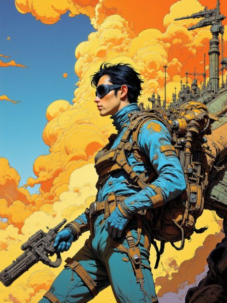 The illustration depicts a young man with slender physique, wears dark windproof goggles, and his slim body clad in a futuristic high-tech spacesuit, passing by a mechanical environment, against a detailed cloudy  vibrant sky.