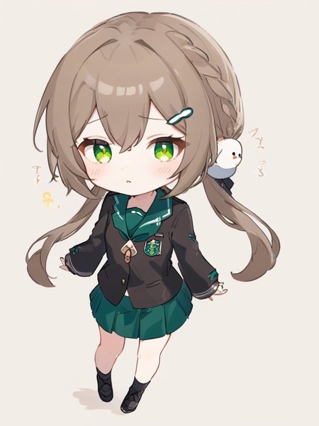 <lora:XL_qingque girl2:1>,qingque girl,green eyes,brown hair,cascadelle\(hairstyle)\,school uniform,chibi,