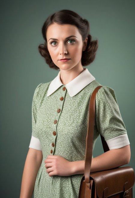 rated_safe, Archive photo, 1930s (style), vintage, retro, Archive photo, 1930s Fashion, professional photo of 40yo woman in (simple) light green and white detailed floral dress with collar, brown leather bookbag, detailed buttons, 4k, 8k, high quality, perfect lighting, detailed face and detailed eyes, skin detail,  solo focus, photography raw, (bar), perfect lighting,  clean smooth skin, looking at camera, detailed eyes, pretty face, full body standing, photoshoot,