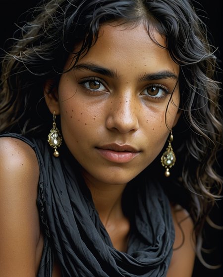 Portrait of a gypsy girl, lying on the ground, profile, wavy black hair, loose and messy hair, strands on her face, hyper-detailed black eyes, direct gaze, dark skin, straight nose, full lips, (mouth ajar: 1.5 ), (smile:1), long face, black scarf around the neck, earrings, fashion style, (Steve McCurry, Herb Ritts, Mario Sorrenti), jasmine, musk, sensuality, earthy tones, black background, studio posture, light side, high contrast, photo quality, 4K