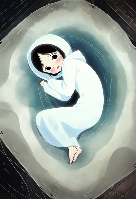 zPDXL3, source_cartoon, Perfect Hands, full body,
1girl, solo, under the sea, looking at viewer, saoirse, black hair, black eyes, blush, ghost, hood up, robe, barefoot, glowing, lying under the sea, from above, lying on side, facing at viewer, feeling cold, eyes open, crying sadly, open mouth, sleeve past wrist, slim body, long body, highlight cloth wrinkle, anime style, seals nearby, playing shell,
<lora:Perfect Hands:1>  <lora:Saoirse_-_The_Song_of_the_Sea-000009:1>