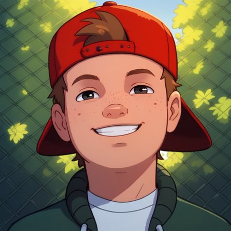 score_9, score_8_up, score_7_up, pinup boy pose, Expressiveh, face focus, looking at viewer, perfect face, colorful, dramatic angle, unique perspective, unique angle, wide angle, school yard, school building in background, smile, smile, hat, backwards hat, shirt, jacket, brown hair, freckles, 1boy, solo