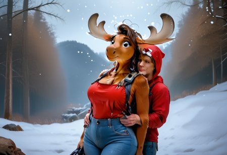 masterpiece, best quality, high resolution, absurdres, 1 girl, female moose,1 male,(male human,hiker), realistic, dynamic angle,source_furry×human, cineppmatic, Snow hiking trails 
1 girl,becky moose, anthro moose, brown eyes, HUGE breasts, thick thighs,brown fur, LARGER female,large butt, jeans overalls 
Out of frame,1 male, human male, black hair, short height difference, bangs, hair over eyes, carrying hiking equipment, wearing hiking 🥾 shoes and Red clothes 
Scene:Slowly, painstakingly, Molly helped him sit up, leaning her sturdy shoulder against his back for support. He was shivering violently. 1girl, fetop, low angle, woman on top, urging him to lean closer, deeper into the warmth of her fur,looking down, looking at viewer, from below, low angle
Background:ruanyi0732,snowing,depth_of_field, mountain Forest, hiking trails