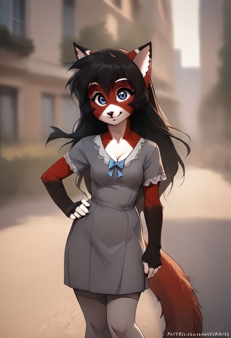 Score_9, score_8_up, score_7_up, score_6_up, score_5_up, score_4_up,iskrastyle, highly detailed, rating_explicit, ara, furry, cat girl, 1girl, (Mature:1.1),  solo, 2 piece 
dress, pencilskirt, socks, smile, grey dress, cleavage short sleeves, cosplay, bow, cotton tights, long hair, kneehighs, standing, cowboy shot, background, outdoor, blurry background, hand on hip, v, crowded, city, solo focus, <lora:Smooth Anime Style LoRA XL:0.7>