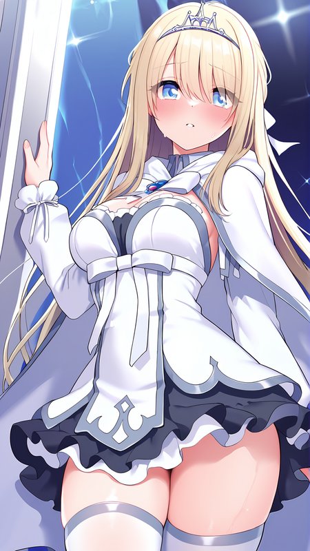 amazing quality,absurdres,best quality,masterpiece,highres,newest,detailed,detailed body,detailed face,masterpiece,best quality,solo,
åªãã®æè¼ªã§ã²ã¼ã ãªã¼ãã¼,1girl,very long blonde hair,blue eyes,white cape,tiara,white dress,detached long sleeves,white thighhighs,frills,hair between eyes,<lora:åªãã®æè¼ªã§ã²ã¼ã ãªã¼ãã¼:0.8>,