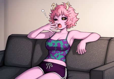 (masterpiece:0.7), sitting on couch, yawning, stretching, m1n4, pink skin, colored skin, short hair, pink hair, black sclera, yellow eyes, horns, solo, easynegative, cute, dolphin shorts, purple and green pattern spaghetti strap top, grey couch. safe, leaning against arm rest, midriff, solo, eyes closed, matilda fiship