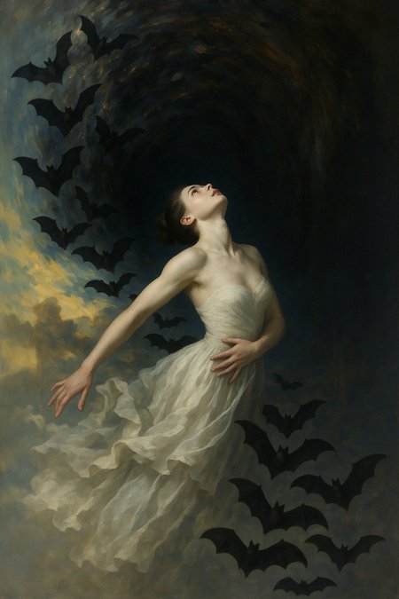 surreal scene of a woman standing at the center of a spiraling storm of black bats, her elegant gown seamlessly morphing into the bats in flight. Dress melting into the background. The composition merges serenity with motion, as the bats form a hypnotic vortex into a dark tunnel behind her. Rendered in soft black, muted grays, and dark golden hues, the image evokes a dreamlike sense of transformation, peace, and otherworldly beauty. The visual flow and symbolism suggest themes of inner liberation, grace, and transcendence