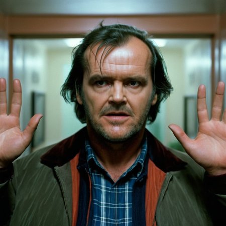 UHD, 4k, ultra detailed, cinematic, a photograph of  <lora:perfection style:0.5> <lora:detailed:0.5> perfection detailed
 <lora:The Shining film style:0.9>
 <lora:1980's style:0.4>
Jack Torrance In the 1980's in the Colorado Rocky Mountains a man standing in a room with two hands up,looking at viewer,brown hair,long sleeves,1boy,jacket,upper body,male focus,multiple boys,solo focus,blurry,coat,blood,facial hair,beard,realistic , cinematic, film, kodak, The Shining film style, epic, beautiful lighting, inpsiring