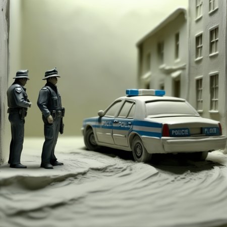 instonx figure policemen and police car at the crime scene in the city, expressively, spaces, cinematically<lora:instonx:1>