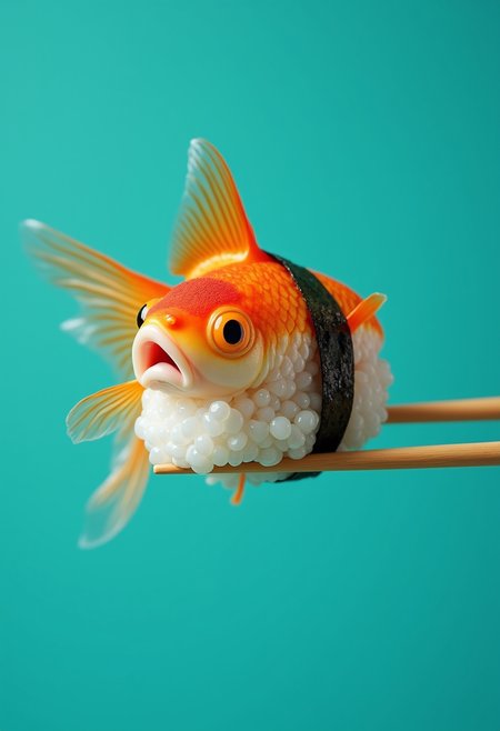 Main Subject:

The main subject of the image is a playful and surreal depiction of a goldfish transformed into a piece of sushi.

Composition:

The composition is simple and direct. The goldfish-sushi is positioned centrally against a solid turquoise background, creating a strong visual focus. The chopsticks holding the "sushi" add a dynamic element and emphasize the playful nature of the image.

Colors and Tones:

The color palette is vibrant and eye-catching. The turquoise background provides a striking contrast against the orange and white of the goldfish and the brown of the seaweed. The chopsticks are a natural wood tone, adding warmth and balance.

Technique:

The image appears to be a digital illustration or a photo manipulation. The artist has skillfully combined the textures of a goldfish and sushi, creating a realistic and believable depiction of the surreal concept. The details of the goldfish's scales, the seaweed, and the chopsticks are rendered with great precision.

Palette:

The color palette is limited but effective. The use of turquoise, orange, brown, and white creates a sense of energy and playfulness.

Small Details:

The goldfish's surprised expression adds a touch of humor and whimsy.
The subtle shading on the goldfish and the seaweed adds a sense of depth and dimension.
The chopsticks are realistically rendered, creating a sense of tactility.
Overall, this image is a captivating and imaginative piece. The surreal transformation of a goldfish into sushi creates a sense of wonder and amusement. The artist's skillful use of color and composition makes this image a memorable and engaging work.

The image could be interpreted in various ways, such as a commentary on food, the relationship between humans and animals, or simply a playful and whimsical exploration of surreal concepts.