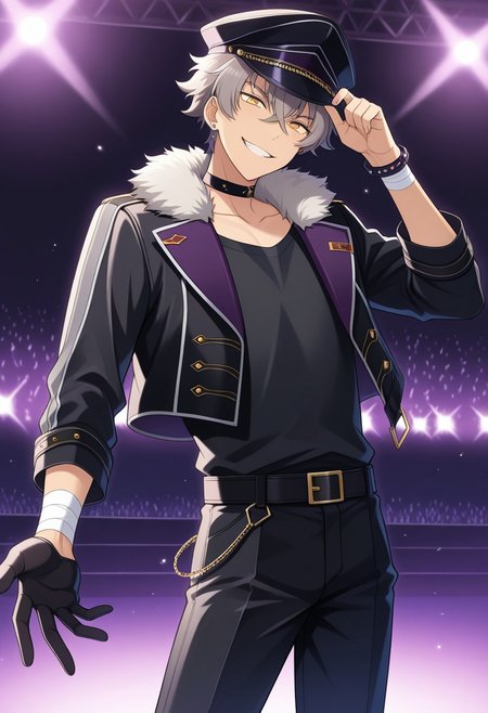 masterpiece,best quality,amazing quality, source_anime, 
kogaoogami, 1boy, male focus, solo, yellow eyes, grey hair, jewelry, earrings, undead uniform, hat, peaked cap, black headwear, choker, shirt, black shirt, jacket, black jacket, cropped jacket, fur trim, open jacket, bracelet, bandaged wrist, single glove, belt, black belt, pants, black pants, grin,
stage, lights,