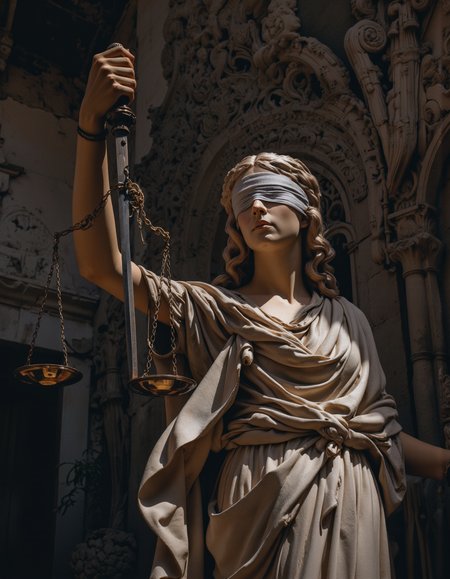 A cinematic photography.
The scales of justice, symbol of justice, mythology and religion, gods and goddesses, 
Justitia:
The Roman goddess of justice, Justitia was often portrayed (wearing a blindfold:1.3) and holding a sword and scales that were evenly balanced. 
The scales of justice symbolize the importance of finding a solution that addresses all parties involved, including the guilty, the innocent, and the law itself.