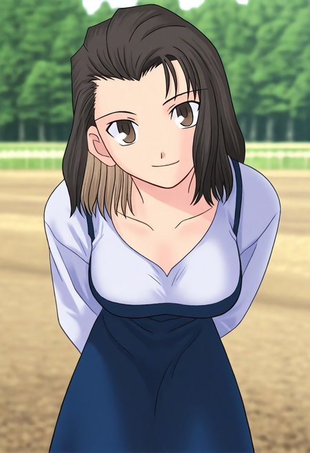 masterpiece, best quality, <lora:Tsukihime NXL:1>,solo,masterpiece, best quality, 
1girl, female focus, large breasts,  solo, brown eyes, thin brown highlights in hair, black hair, thin blonde highlights in hair, medium hair,wavy hair, hair part, side part, hair slicked back, small mouth, short nose, small nose, cute face, soft hair,
outdoor, farm, sunny day, head tilt, hands behind back, leaning forward, quarter view,  innocent smile, cheerful feeling, feminine, girlish, cute