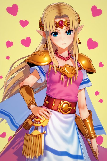 score_9, score_8_up, score_8, medium breasts, (curvy), cute, eyelashes,       BREAK, , BREAK, <lora:UltimatePrincessZelda_PDXL_v1:0.8>, zzUZelda, blonde hair, jewelry, dress, pink tabard, triforce, circlet, armor, earrings, necklace, shoulder armor, tiara,, <lora:Koikatsu_PDXL:0.8>, , BREAK,  smile, looking at viewer, cowboy shot,  embedding:zPDXL, Expressiveh, <lora:SDXLFaeTastic2400:0.5>,  <lora:Expressive_H-000001:0.4>,