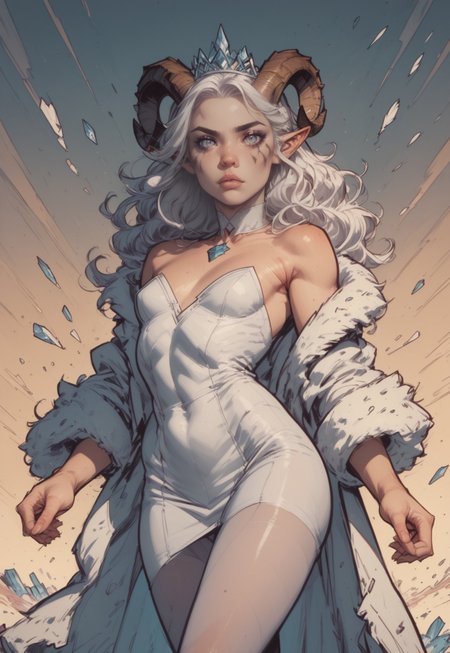 safe_pos, score_9, score_8_up, score_8_up, 1girl, horns, solo, long hair, pointy ears, white hair, lips, grey eyes/silver eyes, white choker, (curled horns), wavy hair, white dress, small breasts, ice tiara, detailed eyes, (emo girl makeup:1.2), (body suit:1.5), (pantyhose:1.2), high heels,(bodystocking:1.1), (white feather fur coat:1.4), (sultry expression:1.5), (ice magic:1.4), seductive, sultry, sexy, petite body, nighttime, ice crystals in background, intricate artwork, sharp, 8k, breathtaking, crystalline, filigree, hyperrealism, lush detail, perfectionism, sharp focus, 1girl, solo,  ice castle, face focus, dramatic angle, ((dynamic sexy pose)), Expressiveh, high contrast, (((commix style))),