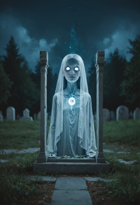 score_9, score_8_up, score_7_up  zPDXL3  (transparent ghost) ethereal figure, transparent fading body, fading hands, transparent, ghostly whiteskin,ghostly hair,  with hollow eyes, semi-transparent with a spectral light, detached, glowing amulet,  set in a forgotten graveyard, with crumbling headstones, lingering spirits, an eerie stillness, at night, amidst a thick fog  zPDXLrl
