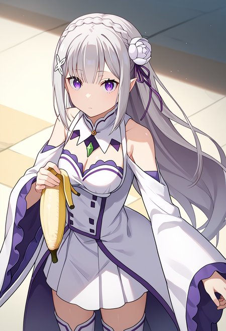 score_9, score_8_up, score_7_up, source_anime, rating_explicit,
BREAK
1girl, solo, 
<lora:shiEmiliaV2:0.8> shimilia, long hair, grey hair, purple eyes, pointy ears, crown braid, hair flower, hair ribbon, purple ribbon, x hair ornament, white dress, cleavage, bare shoulders, wide sleeves, white thighhighs, thigh boots,
<lora:shiBananaV1:0.8>, shibanana, banana, holding, 
looking at viewer, standing, expressionless,