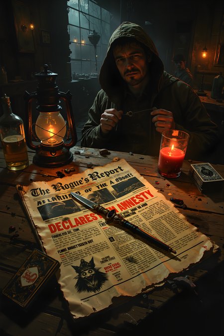 Under the flickering light of a lantern in a bustling underground tavern, a well-worn copy of The Rogueâs Report lies spread open across a table stained with old ale and candle wax. The bold, scarlet headline reads: âGHOST KING DECLARES AMNESTY â THIEVES AND ASSASSINS OFFERED JOBS IN THE ROYAL COURT!â A highly detailed ink portrait of the spectral ruler himself grins from the page, his ethereal crown hovering just above his transparent head. A dagger with a finely jeweled hilt has been casually stabbed through the paper, pinning it to the table as if to mark the importance of the news. Nearby, a deck of enchanted playing cards shuffles itself idly, flipping one over to reveal a joker that eerily resembles the Ghost Kingâs grinning visage. The scent of pipe smoke, damp stone, and aged leather fills the air, mingling with the ever-present murmurs of clandestine conversations in the shadows. A hooded figure seated at the table slowly drums their fingers against the wood, eyes scanning the words with interest, considering what such an offer might mean for the underworld. A single, flickering candle casts long, dancing shadows across the newspaper, making it seem as if the Ghost King himself is smirking in approval. Somewhere in the distance, a phantom bell chimes onceâa sign, perhaps, that the dead do indeed keep their promises. , detailed background  Fantastic lighting. Detailed shadows.intricate details, vivid colors, hyper-detailed, ultra-sharp, , <lora:Luminous_Shadowscape-000016:0.4><lora:black_fantasy_1.0:0.4><lora:Glitchcore_Flux:0.4><lora:- Flux1 - vanta_black_V2.0:0.4>