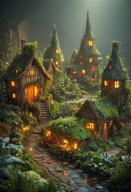 Vegetables houses, Designed houses made from various vegetables. Picture a vibrant scene with carrot cottages, tomato towers, and leafy greens forming the village landscape. The atmosphere is mystic and dreamy, with soft, glowing lights illuminating the vegetable homes. Delicate details like tiny elf gardens, miniature bridges made of twigs, enhancing the enchanting feel of this vegetable wonderland.
[style of greg rutkowski,janek sedlar,jenny saville:0]  <lora:vivid_everclear:0.35>  <lora:Sinozick:0.35>  <lora:MJ52:0.35>