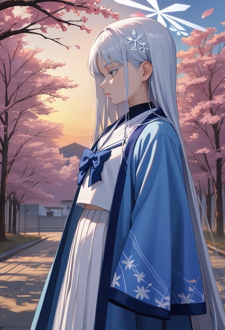 score_9, score_8_up, score_7_up, source_anime, profile, solo, 1girl, nagusa goryou, expressionless, looking away, hair ornament, halo, colored eyelashes, japanese clothes, school uniform, white serafuku, blue haori, white shirt, white sailor collar, blue bow, long skirt, white skirt, pleated skirt, sunset, outdoors, cherry blossoms <lora:ba_goryounagusa_ponyXL:1>