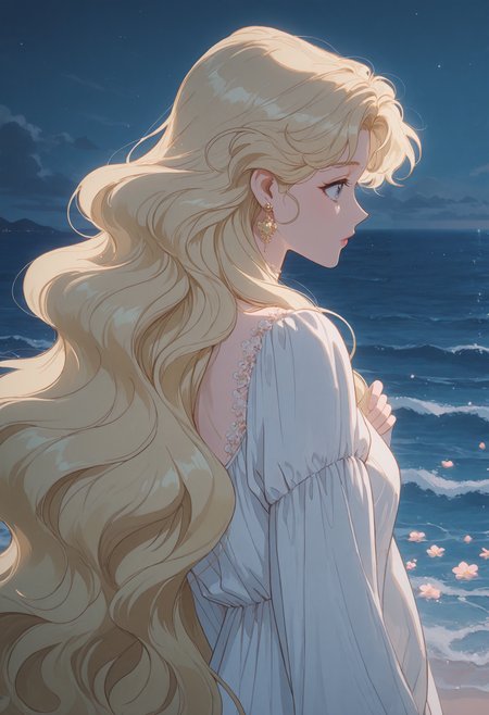 vntg2, 1girl, long hair, solo, jewelry, earrings, blonde hair, dress, profile, ocean, very long hair, white dress, night, flower, wavy hair, outdoors, water, from side, long sleeves, night sky, beach, sky, anime_coloring, anime_screenshot, detailed lighting, masterpiece, best quality, (ultra-detailed), very aesthetic, beautifully drawn, elegantly detailed, newest, 8k, latest, vntg2, <lora:627b9559-11aa-4715-9edc-2ebc9fd63161:0.9>