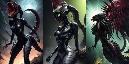 (otherworldly), highly insanely detailed, masterpiece, top quality, best quality, highres, 4k, 8k, RAW photo, (very aesthetic, beautiful and aesthetic), 
__lazy-wildcards/cosplay-char/alien-predator/xenomorph/prompts__, 
<lora:FemXeno:0.3>, 
(1girl:1.3), eyes focus, 
__lazy-wildcards/dataset/background__,âââ