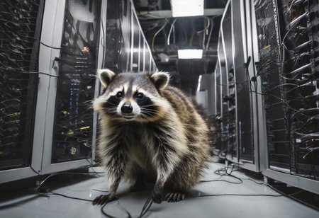 racoon selfie, in a messy server room, lagging screens on walls, servers racks