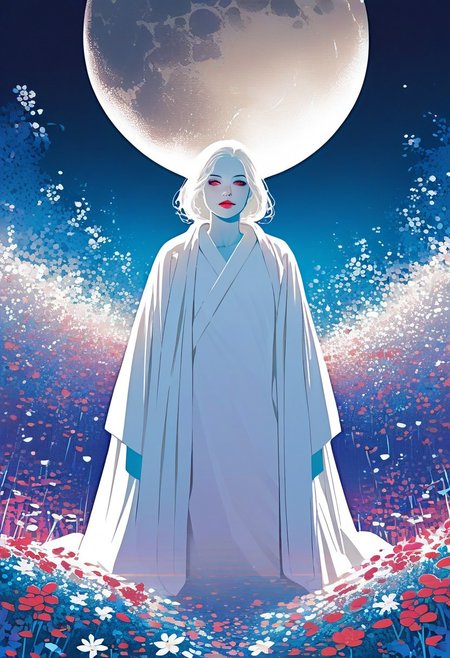 zPDXL3, 1woman, robe, moon, flowers, white skin, highly detailed,   high resolution, best quality, sharp quality,  clear quality, High-definition, smooth image, bright colors, vibrant colors, clean lines,
