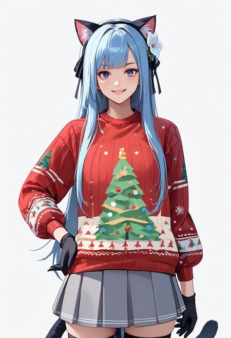 score_9, score_8_up, score_7_up, score_6_up, score_5_up, score_4_up, masterpiece, ultra-detailed, high resolution,
christmas_sweater,chuxue, 1girl, animal ears, tail, solo, blue hair, blue eyes, gloves, long hair, thighhighs, cat ears, skirt, cat tail, white background, flower, cat girl, black gloves, bangs, hair ornament, simple background, red shirt, grey skirt, smile, hand on hip, grey gloves, hair flower