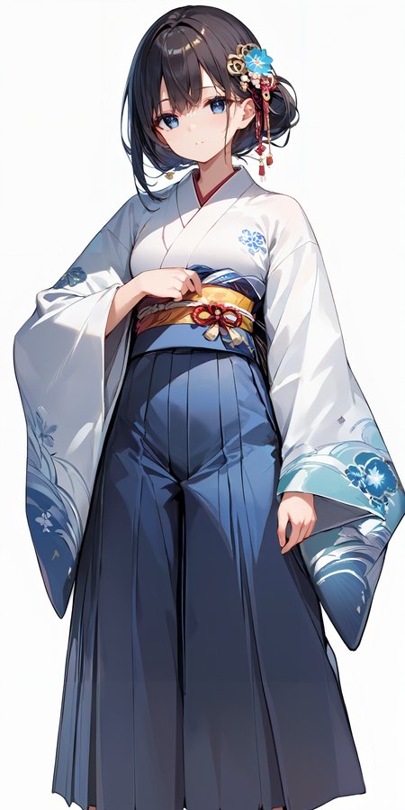 score_9, score_8_up, score_7_up,source_anime, high res image,masterpiece,best quality,girl,cute face,clear skin,shiny hair,ultra detailed eyes,simple background,<lora:test_Pony_V2.0:1>miko, kimono,hair ornament,wide sleeves,hakama