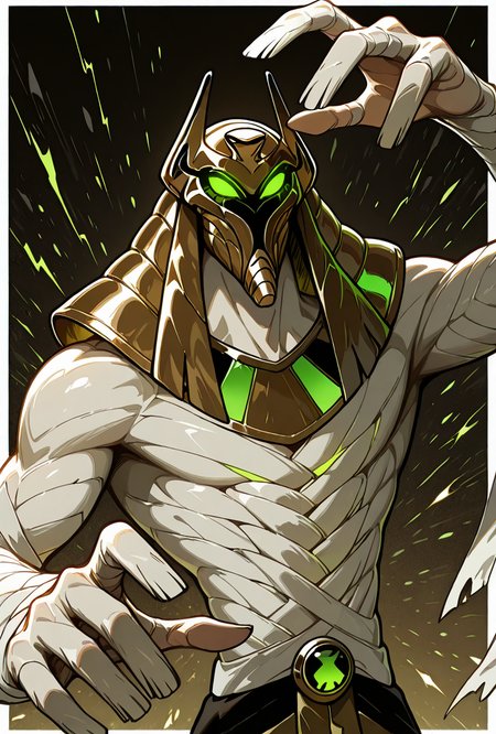 <lora:snareoh-07:1> snareoh, solo, male focus, no humans, 1boy, glowing eyes, green eyes, brown helmet, monster, mask, egyptian clothes,mummy bandages, mummy, massive hands,  Cartoon, dynamic pose, masterpiece, best quality, amazing quality, very aesthetic, absurdres, newest,, upper body, halftone effect, white borders, abstract background:1.2,