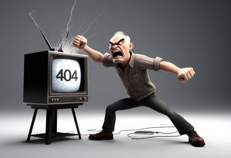 professional 3d model angry man hitting old dumb broken tv displaying the text "404" in static, 3d, game, clean hands,  <lora:ClearHand-V2:1>, fist . octane render, highly detailed, volumetric, dramatic lighting