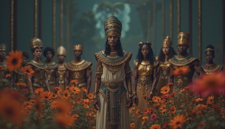 Professional photograph of a group of people dressed in ancient Egyptian attire standing in a row. The central figure is a man wearing an elaborate Egyptian god pharaoh costume, which includes a large ornate headdress with a prominent plume and a necklace. He is flanked by several others similarly dressed in elaborately detailed historical Egyptian garments. The outfits include tunics, belts, and headdresses typical of ancient Egyptian royalty and nobility.  The background is dark and somewhat abstract, with vertical lines and a gradient of colors ranging from dark blue to purple. The overall color palette of the image is muted, dominated by shades of brown, gray, and blue. The lighting seems muted, which creates a dramatic and somewhat mysterious atmosphere.  The people in the photograph stand in a straight line, facing forward, their bodies slightly tilted toward each other. The pose of the central figure is commanding, suggesting leadership or authority. The central figure's attire and headdress are particularly elaborate, suggesting a high status or royal role.  Background elements, such as vertical lines and abstract shapes, give the photograph a sense of depth and complexity, enhancing its historicity and drama. The overall composition and outfits suggest historical or fantasy scene, perhaps inspired by ancient Egyptian themes. photograph, In a surreal landscape, surrounded by rows of vibrant hues, is an eclectic scene. The image is filled with the sweet fragrance of flowers of every color and size imaginable. A simple Lime green sunflower blooms in shades of yellow, red, and purple, with delicate petals that are almost as deep as human skin, and a soft white border around its center. in focus, Graphic novel, Satisfying, Black lighting, Heterotype, Sony A7, pinhole lens, Agfacolor,