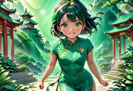 score_9, score_8_up, score_7_up, score_6_up, 1girl, petite body, 19yo beatifull, chinese girl, wearing green Cheongsam , fighting stance,  cute , shy, smile, background: chinese temple made out of jade, detailed background,  refreshing, dynamic lighting, dramatic and magical,