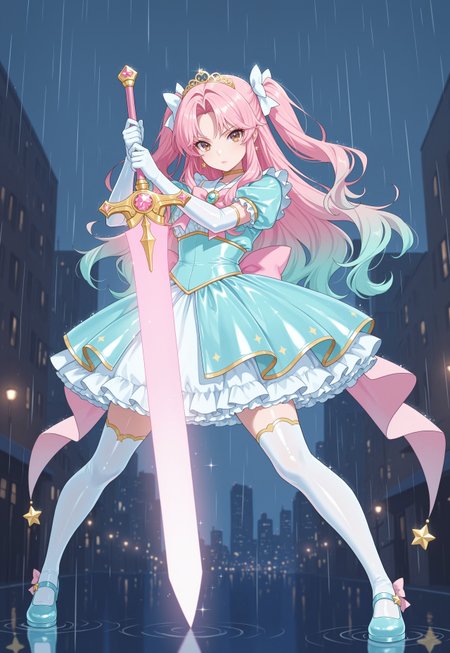 1girl, kaiseisakuraba, pink hair, brown eyes, long sidelocks, two side up, long hair, multicolored hair, gradient hair, aqua tips, masterpiece, best quality, absurdres,
(pastel colors, pastel blue), pastel blue magical girl, padded magical girl dress, kawaii, frilled skirt, thighhighs, pastel aqua dress, multilayered dress, tuku, petticoat, padded dress, puffy short sleeves, elbow gloves, gold tiara, gem brooch, large bow, ribbons, lace trim, frills, latex, shiny clothes, sparkles, glitter, star earrings, rainbow accessories, jewelry, frilled mary janes,
lipgloss, eyelashes, light blush, light makeup,  
outdoors, city, night, overcast, rain,
solo, fighting stance, serious, (sword guard stance), two-handed, holding sword, energy sword, huge weapon,
intricate, highly detailed, majestic, shallow depth of field, movie still, circular polarizer, reflection