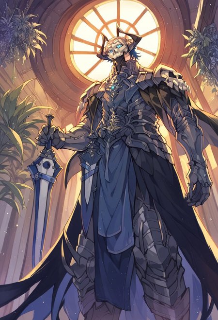 score_9, score_8_up, score_7_up, score_6_up, source_anime, 1boy, male focus <lora:mbyleth-pdxl-nvwls-v1-000005:1> defmByl, dark blue hair, short hair, blue eyes, hair between eyes, 1boy, armor, full armor, knight, skull, mask, horns, pauldrons, holding sword, from below, glowing eyes, holding sword, looking at viewer,  indoors, spacecraft interior, plant <lora:First_Hassan:1>, score_9, score_8_up, score_7_up, score_6_up, score_5_up, score_4_up, BREAK source_anime, masterpiece,