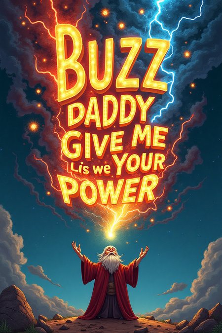 text "Buzz, daddy, give me your power." Incredible text woven from fire, thunder, wind and lightning. Fantastic colors. The text is upside down. The old wizard below is on his knees, raising his hands to the sky. cartoon. parody, detailed man. man focus