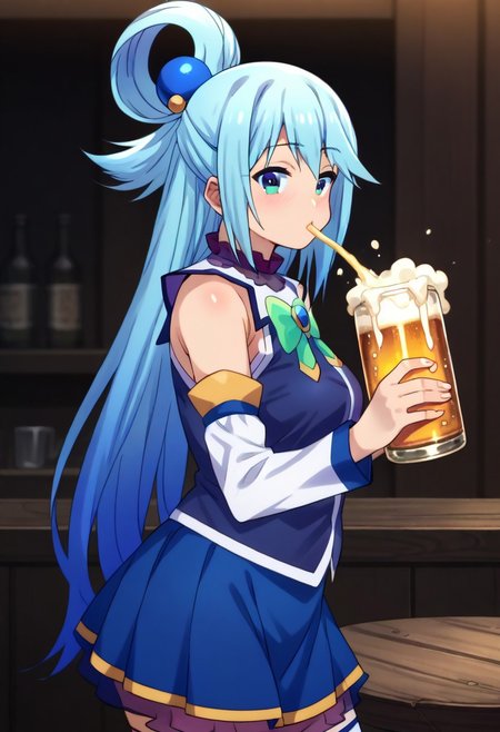(zPDXL3),
(zPDXLxxx),
score_9, score_8_up, score_7_up,
1girl,
solo,
aqua \(konosuba\), long hair, blue eyes, hair ornament, very long hair, blue hair, hair rings, single hair ring, hair bobbles,
skirt, shirt, thighhighs, bare shoulders, detached sleeves, white thighhighs, blue skirt, blue shirt, green bow,
from side,
half-closed_eyes,
drinking,
holding beer mug,
beer,
beer foam,
looking_at_viewer,
portrait,
Bust Shot,
puffed-up cheeks,