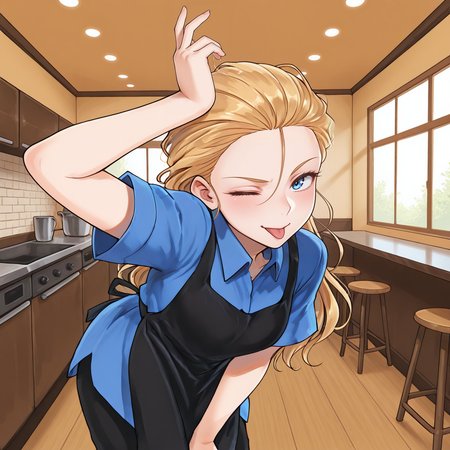 best quality, colorful, masterpiece, detailed_background, amazing_quality,  <lora:Wendy_-_Waffle_House-000008:1> wh-waitress, 1girl, blonde hair, blue eyes, blue shirt, black apron, black pants,  arm up, indoors, tongue out, one eye closed, 
, <lora:DetailedEyes_V3:1>