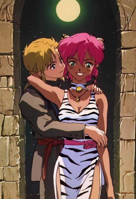 score_9, score_8_up, score_7_up, score_6_up, 1990s_(Style), 90s, Anime_Coloring, masterpiece, source_anime screenshot, duo, 1 girl, 1 boy, vivid colors, anime style, cartoon anime, source_anime, high-res, beautiful aesthetic, very intricate, high-quality details, vibrant, highly detailed, award-winning, professional, sleek and shiny, <lora:pink-ponyxl-v2:1>, single fang showing, sleeveless dress, white tiger print dress, pelvic curtain, cleavage, white cat ears, cat bell necklace, bright pink hair, tanned, white tiger tail, red sash, small breasts, leather shoes, detailed eyes, green eyes, detailed face, smile,  BREAK score_9, score_8_up, score_7_up, score_6_up, Masterpiece, source_anime, anime style, 1 girl, 1 boy, vivid colors, high-res, beautiful aesthetic, very intricate, high-quality details, vibrant, highly detailed, award-winning, professional, <lora:link:1> link1, link, pointy ears, blonde hair, blue eyes, medium hair, side locks, earrings, short ponytail, blue hylian tunic, grin
Break
In front of Medieval castle in ruins, pink and link standing for photo, hugging, kissing neck, night time, moon partially showing behind castle, front view, cowboy shot, whimsical, happy