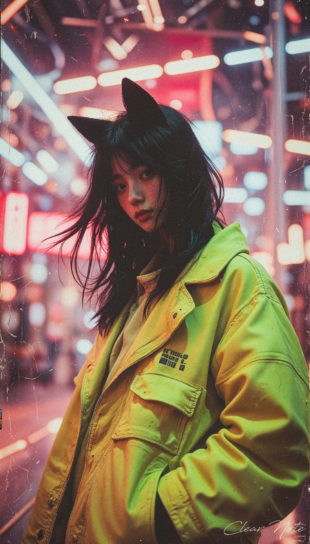 Neo Photorealistic Art Style, A Japanese girl with long fox ears and black hair stands boldly in futuristic fashion, surrounded by countless glowing tube lights. Embodying surreal Neo-Japan elegance, she exudes avant-garde sophistication amidst a complex, luminous backdrop.