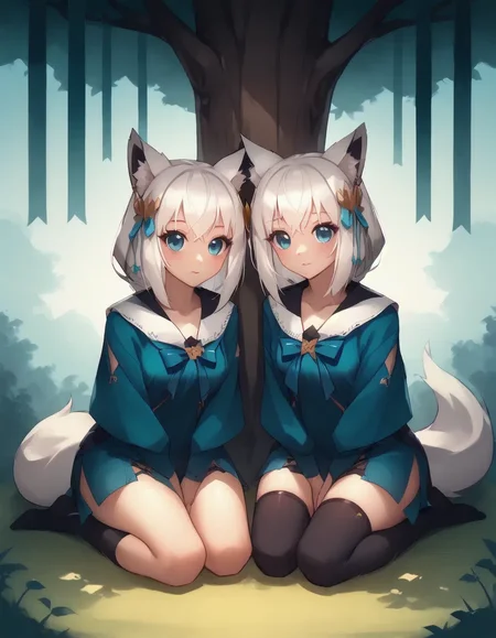 (score_9_up, score_9, score_8_up, score_7_up), ((masterpiece)), ((best quality)), 2girls, young girl and mother, mom and daughter strolling under a canopy of trees, delicate affection, cozy presence, visible care, sunny park with trees in bloom, pale greens and pinks with earthy neutrals, pastel-toned character art, Fubuki Shirakami, White hair, Blue eyes, Fox ears, Short bangs, Long side hair, White and blue outfit, Black thigh-high socks, Hair ornament, fair skin, Cute appearance, SHIRAKAMI_FUBUKI