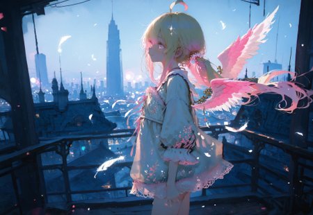 ((standing,smile,side view,negative space:1.5))

1 girl, short and petite,(waist length hair:0.9), (straight hair:0.8),blonde hair, (vibrant pink accents hair:1.1),fair skin,pink eyes, (sparkling eyes:1.1),ahoge,small wings ,floating feathers,(twintails:1.3)

(Modern Casual outfit:1.3),(modern city architecture:1.5),(skyscraper:1.5)

glimmer, sparkling effects,(anaglyph refraction:1.5,(Bokeh around character:1.3),(character focus:1.2),((dynamic pose:1.4)),((foreshortening:1.6)),((extreme perspective:1.4))

748cmstyle,Cunnystyle,XUER guangying,Smooth_Quality,amazing quality, ((aesthetic:1.3)),(bold lines:1.3),((4k,8k,Ultra HD)),((Masterpiece :1.2)),((Best quality :1.2)),((Detailed :1.5)),((Detailed background :1.5)),