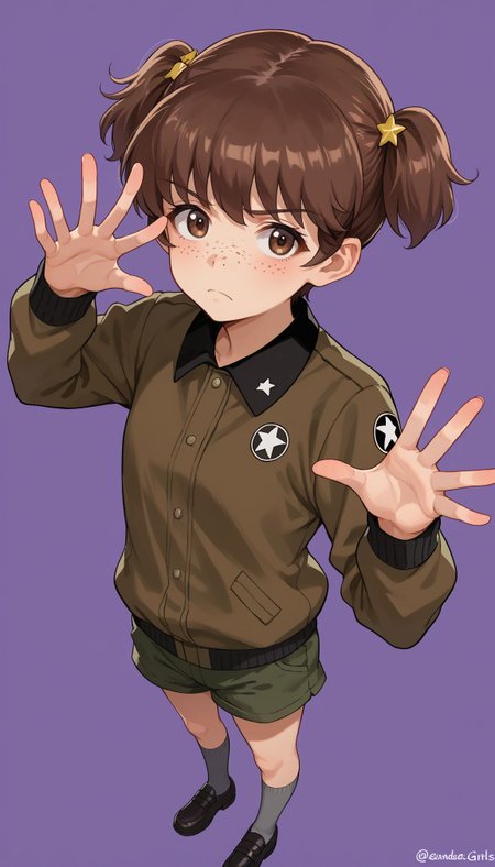 score_9, score_8_up, score_7_up, source_anime, 
 <lora:alisa_girls_und_panzer:1> 1girl, alisa \(girls und panzer\), ,1girl, saunders military uniform, alisa (girls und panzer), freckles, brown hair, star hair ornament, star (symbol), short twintails, brown eyes, shorts, brown jacket, short hair, purple background, long sleeves, twitter username, standing, emblem, looking at viewer, grey socks, foreshortening, closed mouth, simple background, frown, reaching towards viewer, black footwear, black socks ,  alisa (girls und panzer), freckles, short twintails, short hair, brown hair, brown eyes, star hair ornament