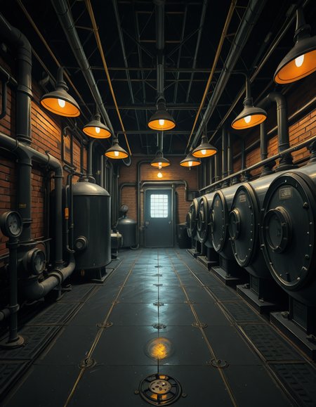 A highly detailed and realistic photograph of an industrial boiler room filled with large metal boilers, complex pipe systems, and pressure gauges. The room is dimly lit with a mix of warm yellow lighting from overhead industrial lamps and cool blue reflections from metallic surfaces. The air is slightly hazy with steam escaping from some of the pipes. The floor is made of reinforced concrete with visible stains from oil and water. Various control panels with blinking LED indicators and warning signs are mounted on the walls. The atmosphere is rugged and mechanical, evoking a sense of power and industrial efficiency. The depth of field is sharp, capturing intricate details such as rust on old pipes, the texture of the metal surfaces, and the labels on the control panels. The composition emphasizes symmetry, with pipes and machinery creating a structured, almost futuristic aesthetic.
<lora:SDXLFaeTastic2400:0.4> <lora:extremely_detailed:0.4> extremely detailed, <lora:industrial_boiler_room-i:1>,industrial b01l3r r00m, Masterpiece,best quality,hi res,8k,hi res,8k,award winning,(sharp focus, intricate, highly detailed),