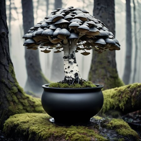 mysterious translucent transparent glass mushroom mixed with birch tree in slimy black bonsai pot, intricate and hyperdetailed raw photography by  Lee Jeffries, Joe Fenton, Andree Wallin, Killian eng, Sung Choi, album cover art, amazing depth, perfect ratio, hdr, perfect balanced styles, magical, intense back light, stunning soft smoke, impressive masterwork by head of prompt engineering
