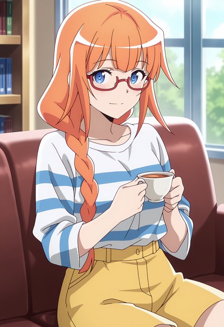 anime screencap, masterpiece, best quality,
<lora:PlasticMemories_KinushimaMichiru_IlluXL:0.9>,
1girl, solo, closed mouth, light smile, blush,
single braid, long hair, orange hair, blue eyes, red-framed eyewear,
striped shirt, white shirt, shirt tucked in, yellow shorts,
holding cup, teacup,
sitting, looking at viewer, 
indoors, bookshelf, couch, window, day, blurry background