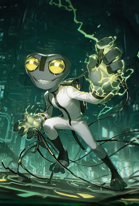 <lora:greymatter-09:1> greymatter, solo, 1boy, white bodysuit, grey skin, , small body, big hands,  , sharp teeth, big yellow eyes, big head, dynamic pose, <lora:WSSKX_WAI:1>, circuitry background, holding cables, glowing eyes, smiling,  green electricity, full body, action pose, cinematic scene,, masterpiece, best quality, amazing quality, very aesthetic, absurdres, newest,